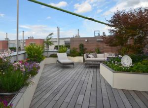 Exklusive Dachterrasse mit Holzboden und Pflanzgefässen